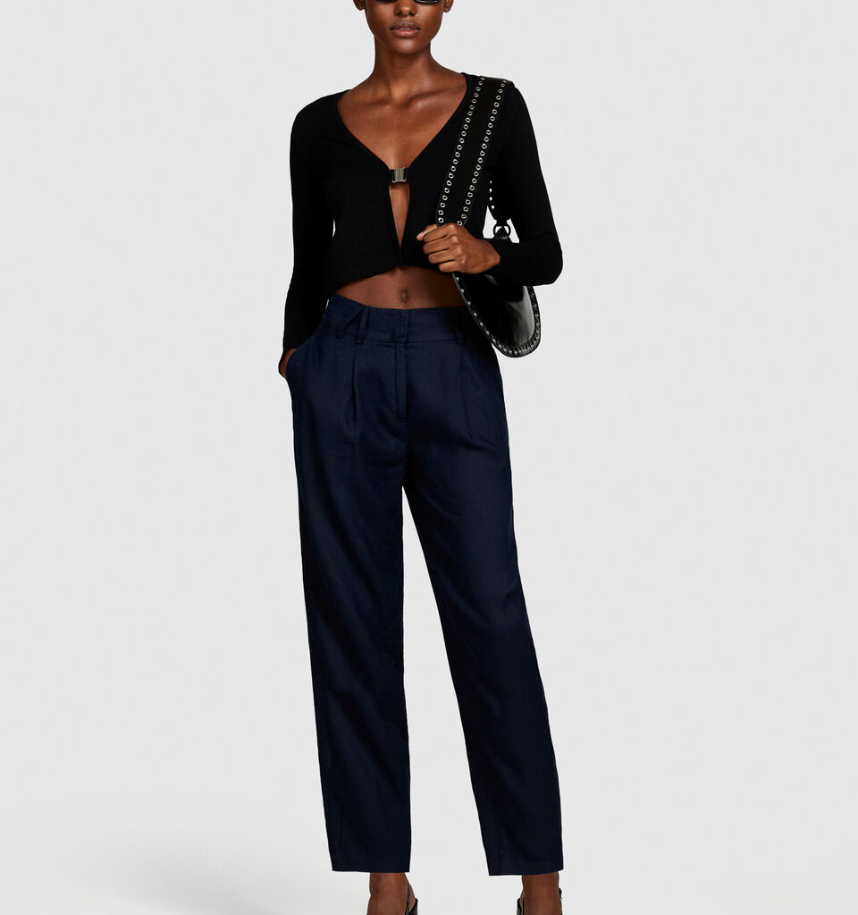 100% linen barrel leg trousers - women's carrot fit trousers - Dark Blue | Sisley image number 1